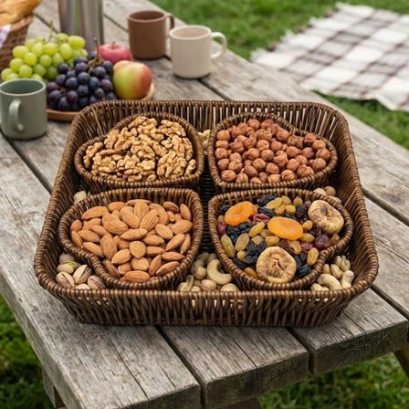 İpek Yıldızı® 5 Parça,4 Kalp Formlu Plastik Rattan Sunum ve Kahvaltı Seti-Bölmeli Çerezlik ve Meyvelik-Doğal Hasır Görünümlü Tepsi ve Sunum Tabakları