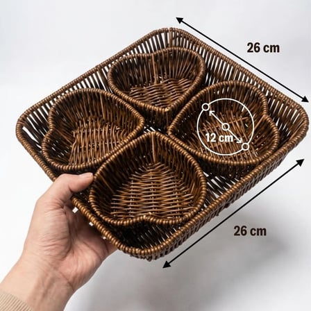 İpek Yıldızı® 5 Parça,4 Kalp Formlu Plastik Rattan Sunum ve Kahvaltı Seti-Bölmeli Çerezlik ve Meyvelik-Doğal Hasır Görünümlü Tepsi ve Sunum Tabakları