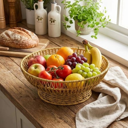 İpek Yıldızı® 31 cm Plastik Rattan Servis Çanağı – Doğal Hasır Görünümlü Dekoratif Meyve, Ekmek ve Sunum Kasesi