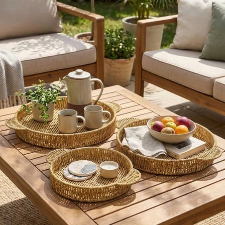 İpek Yıldızı® İç İçe Geçebilen 3’lü Yuvarlak Plastik Rattan Tepsi Seti–Hasır Görünümlü Çok Amaçlı Servis ve Sunum Tepsileri