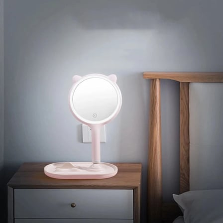 İpek Yıldızı® Kedi Kulaklı Telefon Standlı Yuvarlak Dokunmatik Led Ayarlı Masa Üstü Makyaj Aynası