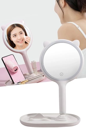 İpek Yıldızı® Kedi Kulaklı Telefon Standlı Yuvarlak Dokunmatik Led Ayarlı Masa Üstü Makyaj Aynası