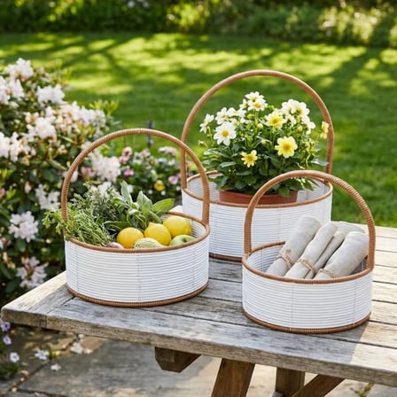 İpek Yıldızı® 3 Boy İç İçe Geçebilen Plastik Rattan Sepetler–Beyaz Renkli,Kahverengi Saplı, Çok Amaçlı Düzenleyici ve Sunum Sepeti Seti