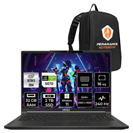 MSI Stealth 16 HX AI Ultra 9 285H 32GB 2TB SSD RTX5070/8GB 16" QHD+ 240Hz OLED W11H Gaming Laptop
