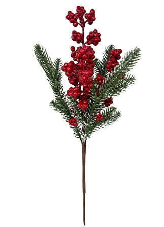 Yapay Çiçek Kokina ve Çam Dalı Karlı Renk 38cm Yılbaşı Çiçeği Red Berry