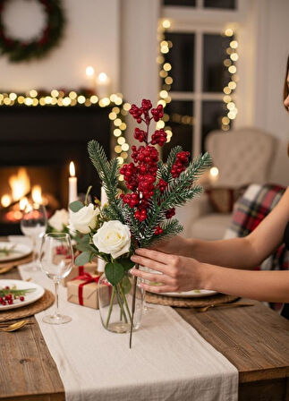 Yapay Çiçek Kokina ve Çam Dalı Karlı Renk 38cm Yılbaşı Çiçeği Red Berry