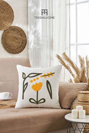 Punch Nakışlı Lale Desenli Kırlent Kılıfı Dekoratif Yastık Kılıfı