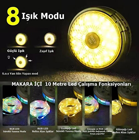 Makara Sistem İp Led - Fener / Şarjlı Işık Kamp Lambası- Taşınabilir 10Mt Led Işık RGB+Günışğı Renk