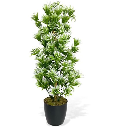 Yapay Çiçek Siyah Saksıda Yeşil Beyaz Sıkas Ağacı 55cm