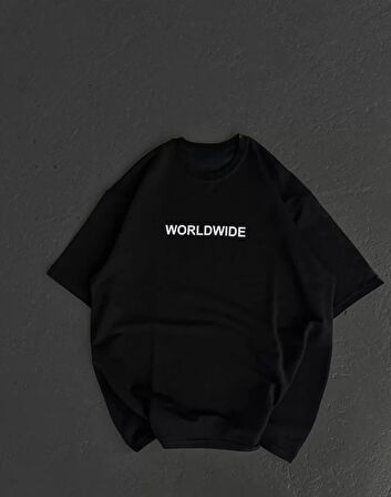 Unisex Bisiklet Yaka Baskılı Oversize Thirt  iyah