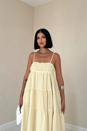 arı Askılı Parçalı Çizgili üslin Elbise