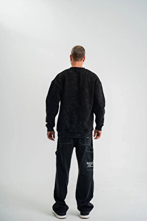 Unisex Bisiklet Yaka Özel Pis Dikişli Yıkamalı weathirt  iyah