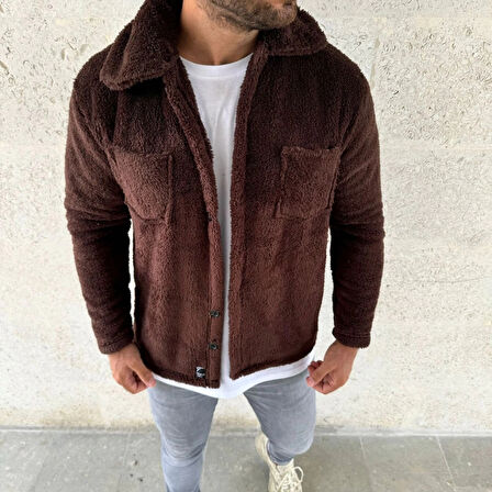 Erkek Pelüş Polar Hırka Gömlek – Yakalı, İlik Düğmeli, Göğüs Cepli, Yumuşak Dokulu Kışlık Regular Fit Rahat Günlük odel  Kahverengi