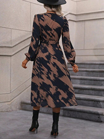 Kadın Uzun Kollu Kruvaze Yakalı Yandan Bağlamalı Desenli Mini Modal Elbise