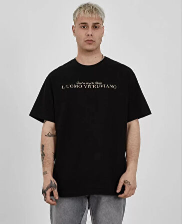 Unisex Bisiklet Yaka Baskılı Oversize Thirt  iyah