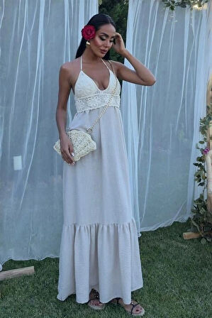 Göğsü Trikolu Keten Uzun Elbise 290408