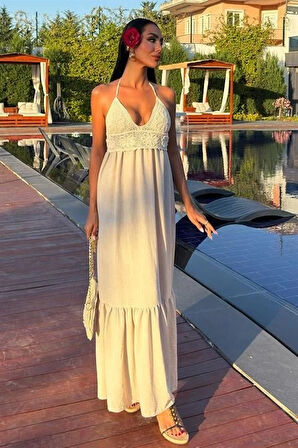 Göğsü Trikolu Keten Uzun Elbise 290408