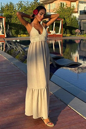 Göğsü Trikolu Keten Uzun Elbise 290408