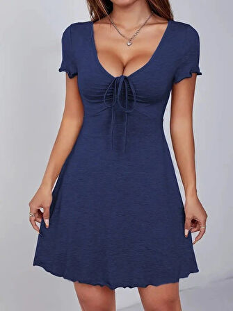 Kadın Kısa Kollu Derin Büzgülü V Yakalı Viskon Elbise