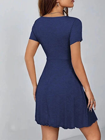 Kadın Kısa Kollu Derin Büzgülü V Yakalı Viskon Elbise