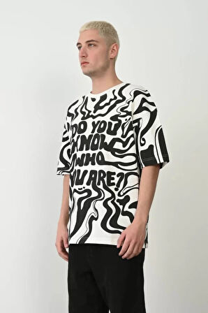 Unisex Baskılı Bisiklet Yaka Oversize Thirt  Beyaz