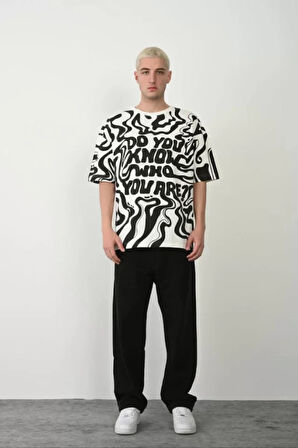 Unisex Baskılı Bisiklet Yaka Oversize Thirt  Beyaz