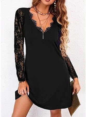 Kadın Uzun Kollu Yaka Ve Kol Dantel Detay Sandy Mini Boy Elbise