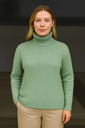 Balıkcı Yaka Bağazlı Triko Kazak Pamuklu Kalın Fitilli Dokuma  int Yeşili