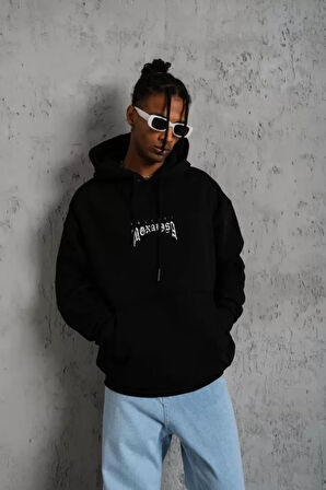 Erkek Baskılı Kapüşonlu Ve Kanguru Cepli weat  iyah