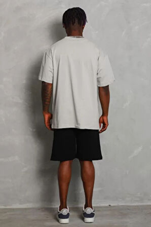 Unisex Oversize Düz Bisiklet Yaka Thirt  Gri