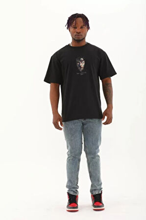 Unisex Oversize Baskılı Bisiklet Yaka Thirt  iyah