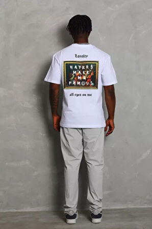 Unisex Oversize Baskılı Bisiklet Yaka Thirt  Beyaz