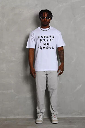 Unisex Oversize Baskılı Bisiklet Yaka Thirt  Beyaz