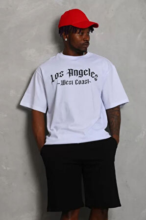 Unisex Oversize Baskılı Bisiklet Yaka Thirt  Beyaz