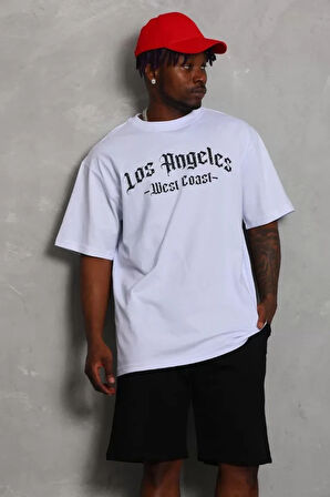 Unisex Oversize Baskılı Bisiklet Yaka Thirt  Beyaz