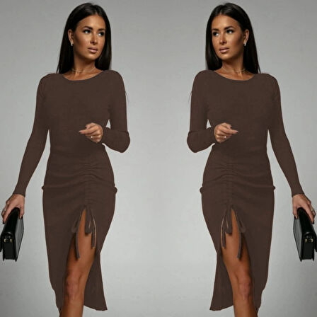 Kadın Uzun Kollu Yandan Büzgülü Yırtmaç Detay Kaşkorse Midi Boy Elbise