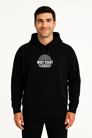 Erkek Üç İplik Kapüşonlu Ön Ve Arka Baskılı weathirt Hoodie  iyah