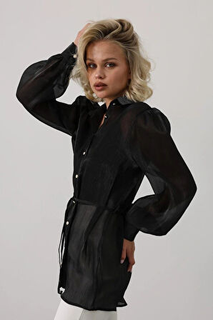 Belden Bağlamalı Uzun Kol Gömlek  iyah