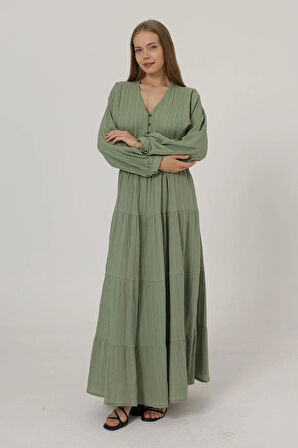 Önü Yarım Düğmeli Uzun Kol Kemerli Elbise  Haki