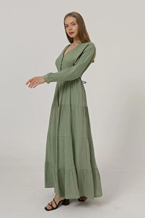 Önü Yarım Düğmeli Uzun Kol Kemerli Elbise  Haki