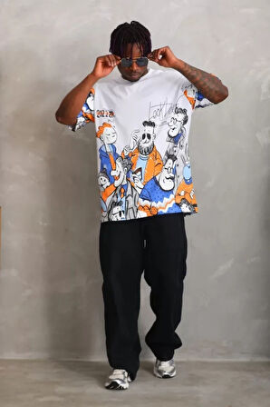 Unisex Oversize Baskılı Bisiklet Yaka Thirt  Beyaz