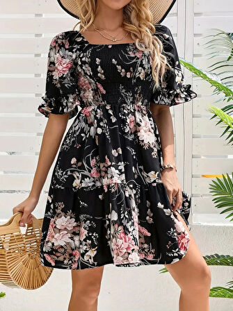 Kadın Kısa Kollu Kare Yakalı Beli Lastikli Kısa Süprem Elbise