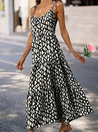 Kadın Askılı Yuvarlak Yaka Fırfırlı Desenli Uzun Bürümcük Elbise