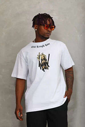 Unisex Oversize Baskılı Bisiklet Yaka Thirt  Beyaz