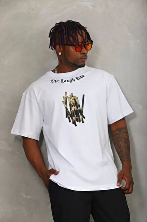 Unisex Oversize Baskılı Bisiklet Yaka Thirt  Beyaz