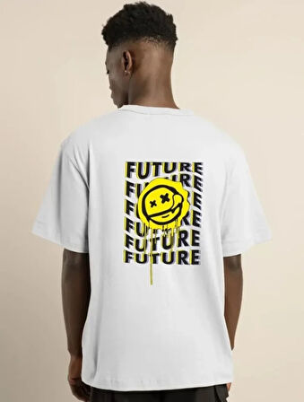 Unisex Bisiklet Yaka Baskılı Oversize Thirt  Beyaz