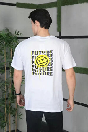 Unisex Bisiklet Yaka Baskılı Oversize Thirt  Beyaz