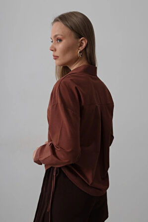 Yanları Bağlamalı Basic Gömlek  Koyu Kahve