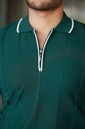 Erkek Dikey Kabartmalı Örgü Dokulu Fermuar Yakalı Tişört