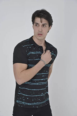 Erkek Yakalı lim Fit Pike Çizgili Thirt  iyah